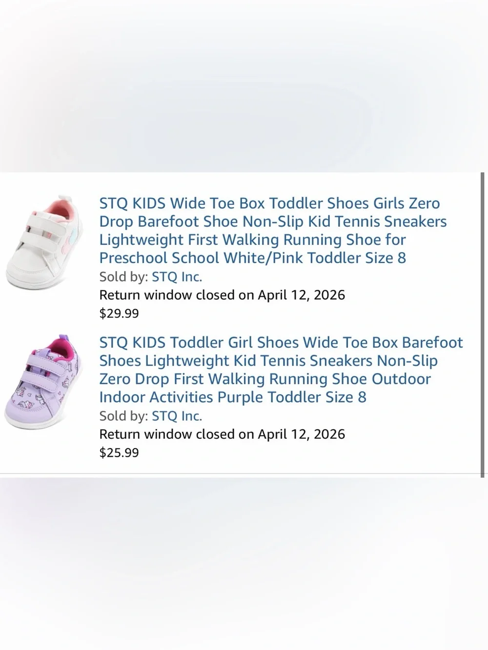 STQ KIDS Wide Toe Box Sneakers- White and Purple- US Toddler 8 Girls
